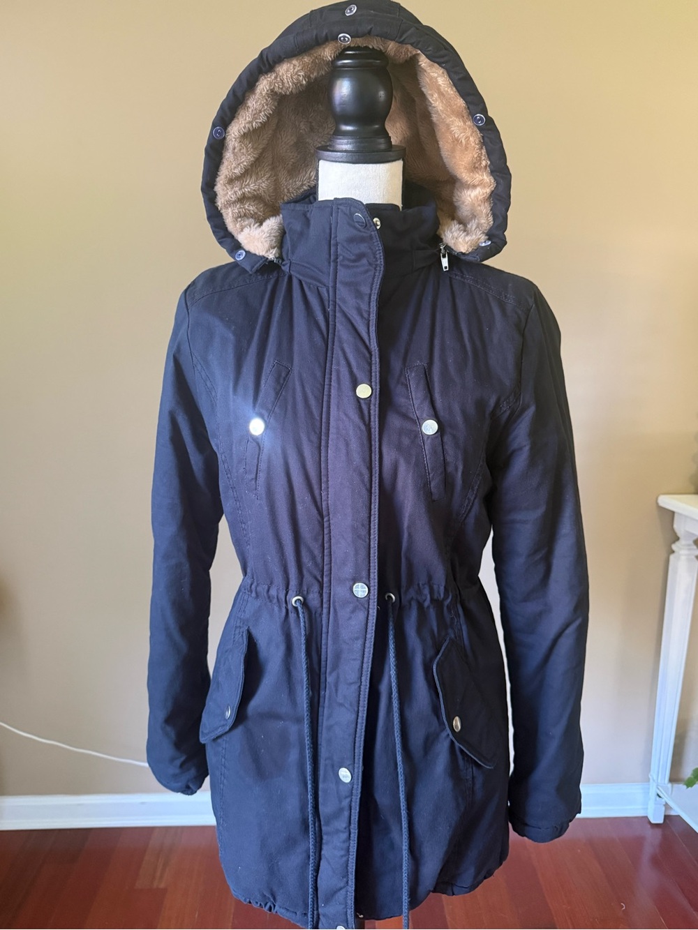 Women's Navy Hooded Puffer Coat with Faux-Fur Trim